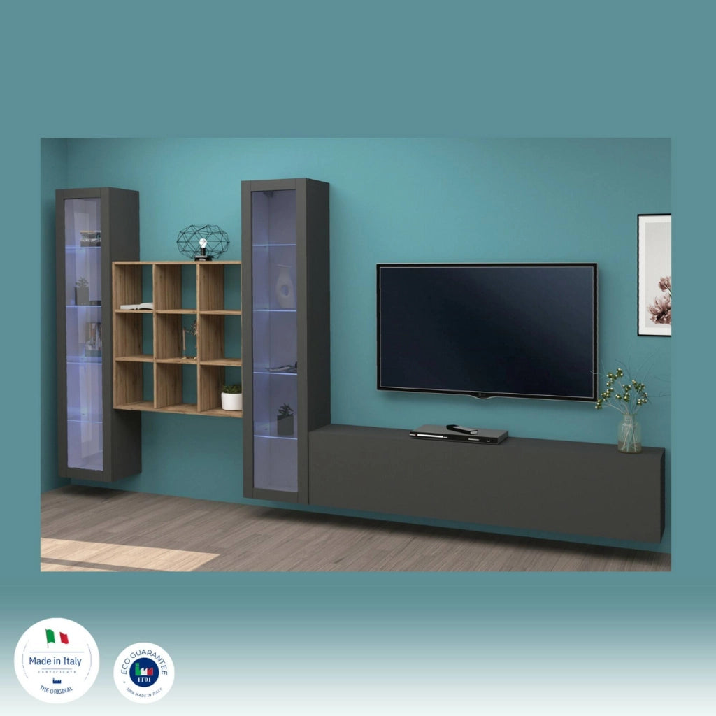 Mobile Soggiorno Atella, Parete Attrezzata 18 Ripiani Made in Italy, 350x30x180h cm Nero Antracite