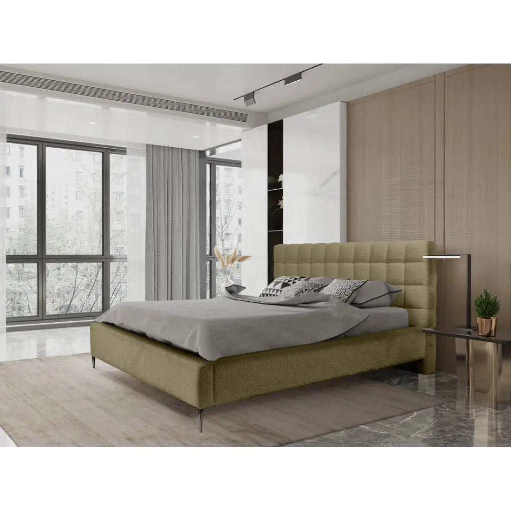 Letto MILLIO – Kaki – 160x200 cm – Tessuto chenille bouclé – Rete inclusa – Comfort albergo 5 stelle