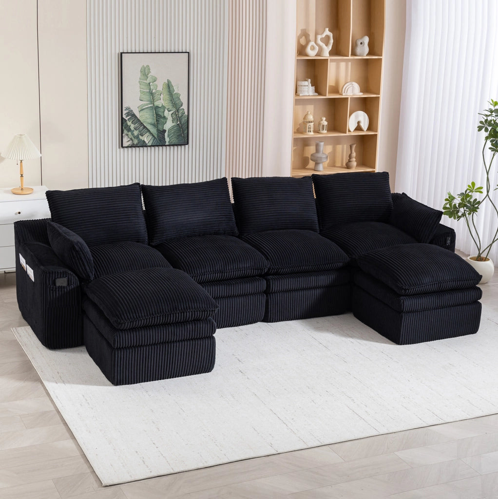Divano modulare in velluto a coste nero con tasche laterali; 335×167×85 cm