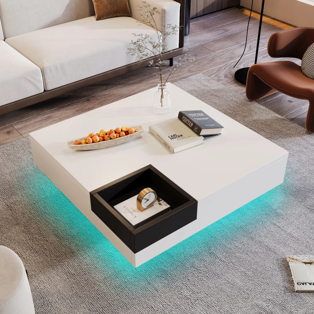 Tavolino da salotto con box contenitore rimovibile e LED controllato tramite app; in pannelli di particelle 72 × 72 × 30 cm; Bianco