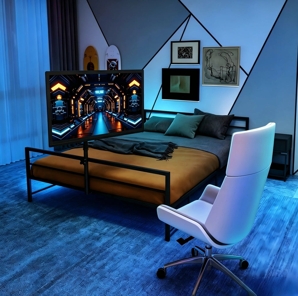 Letto in ferro nero con supporto monitor regolabile; LED e cestino portaoggetti