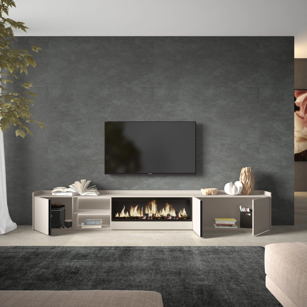 Mobile TV Soggiorno, 315x50x35 cm, Per TV fino a 80", Camino elettrico XXL, LED, Beige