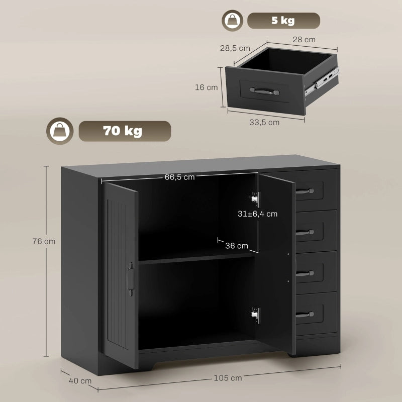 Sideboard moderno nero, 105 x 40 x 76 cm, con 4 cassetti e 1 anta