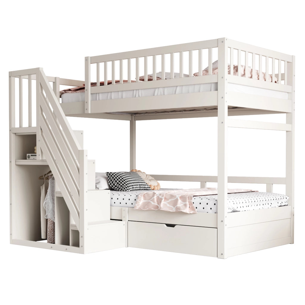 OKWISH Letto a Castello 90×200 cm, Letto Singolo con Scala Contenitore, Cassetti e Sponda Alta, senza Materasso, Legno, Bianco