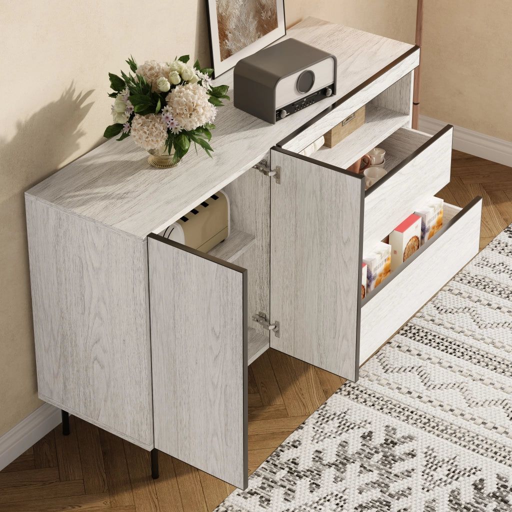 Credenza con 2 Ante; 2 Cassetti e Ripiani a Vista; Stile Minimalista; in Pannello Truciolare; Bianco; 140??42??77 cm