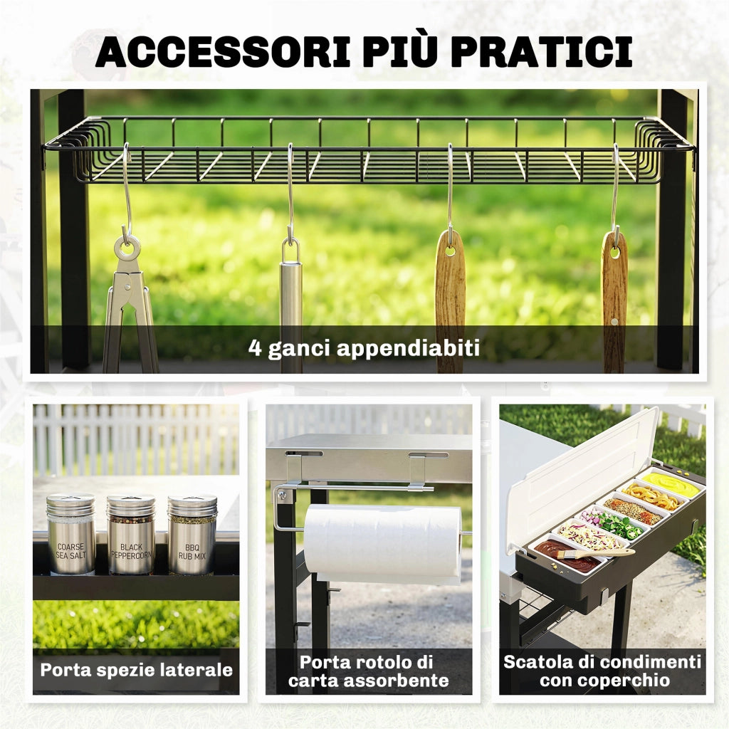 Carrello Barbecue Esterno con Piano Acciaio Inossidabile ¨C zephmum ¨C Nero