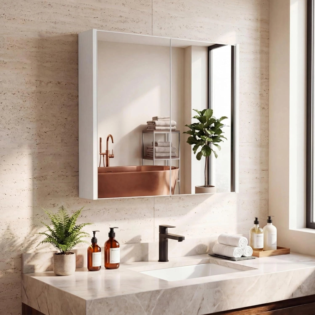 Armadietto da Bagno con Specchio, Mobiletto da Parete in Legno a 2 Livelli, Mobile da Bagno Salvaspazio con Doppia Anta per Camera da Letto, Ingresso e Soggiorno, 62 x 11 x 65 cm (Bianco)