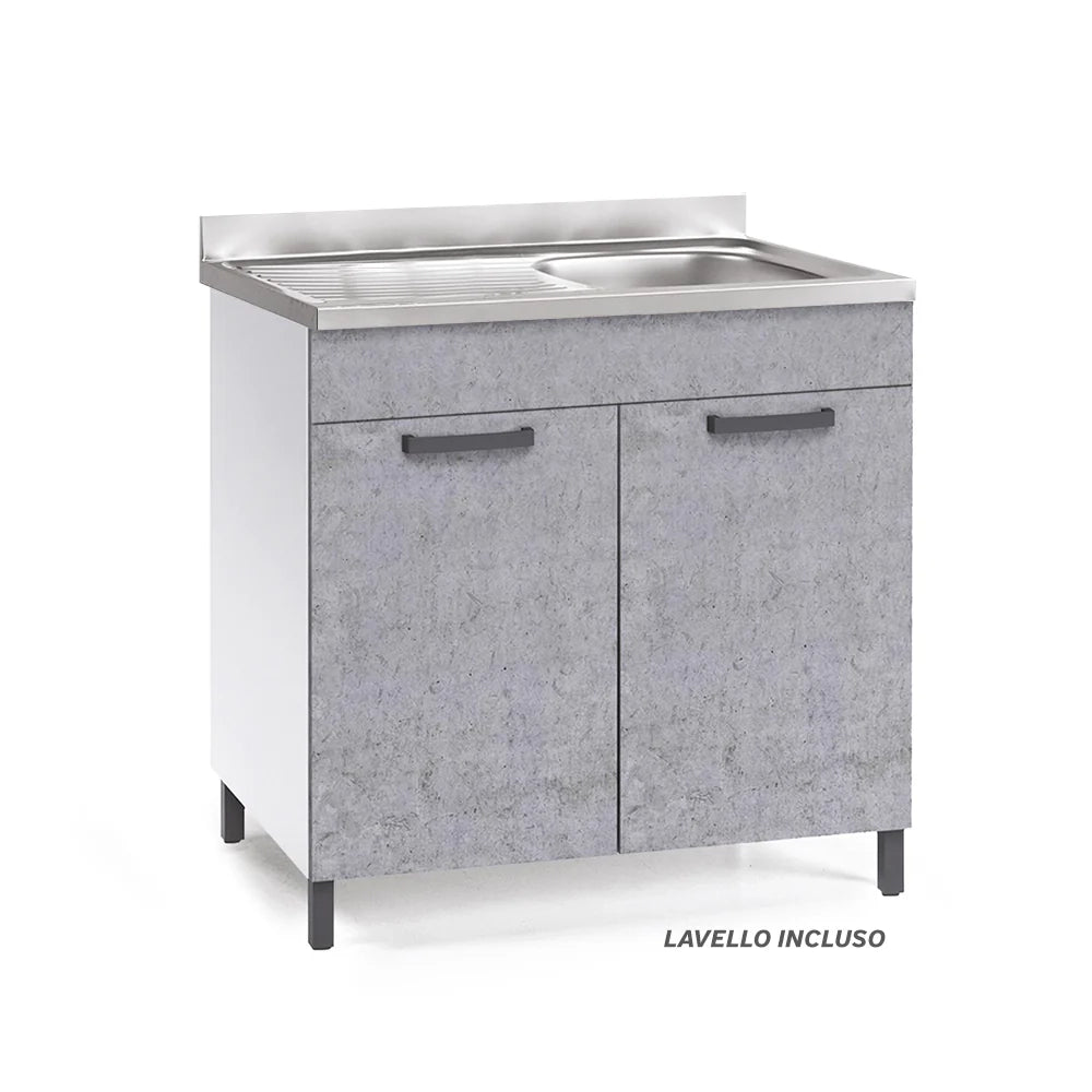 Sottolavello per cucina componibile da 80 cm con due ante, Lavello con vasca a Destra + Gocciolatoio, realizzato in legno 100% MADE IN ITALY colore Cemento