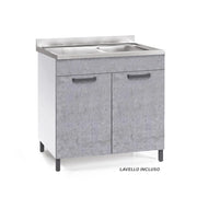 Sottolavello per cucina componibile da 80 cm con due ante, Lavello con vasca a Destra + Gocciolatoio, realizzato in legno 100% MADE IN ITALY colore Cemento