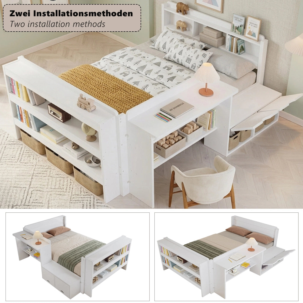 Letto funzionale 120x200 cm con scrivania; vano con anta a ribalta e ripiano; bianco