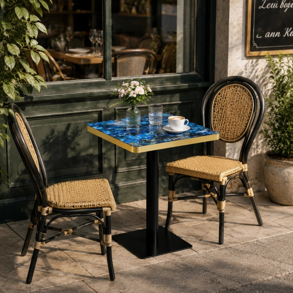 Tavolo da pranzo quadrato con piano effetto marmo e bordo dorato, base in metallo, per 2-4 persone, blu, 60 × 60 cm