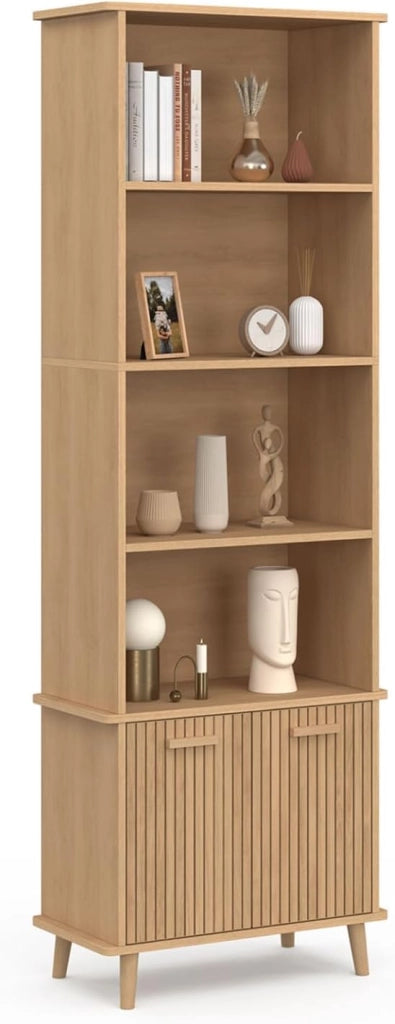 Libreria a 4 livelli con armadio JULIETTE a doghe colore rovere