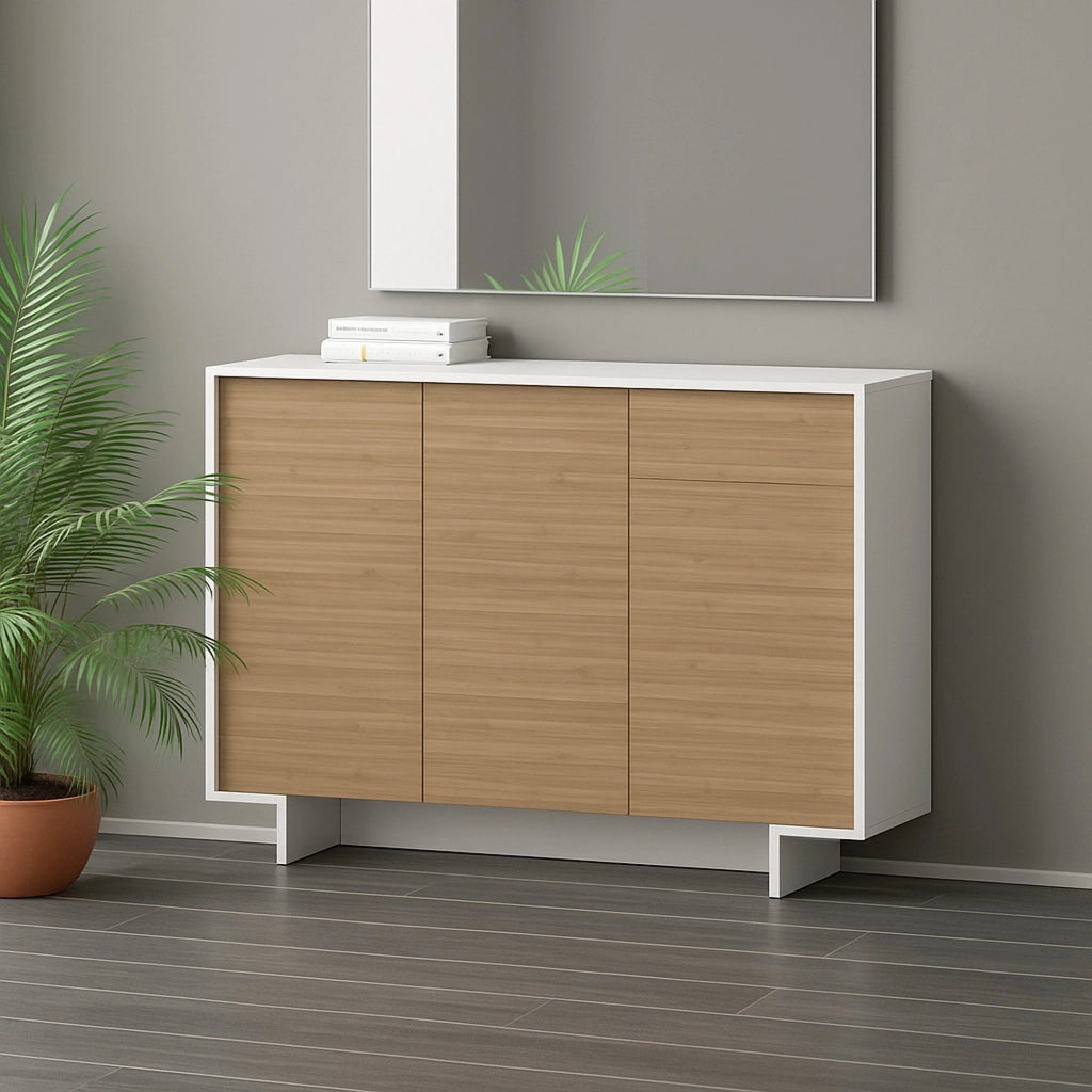 Credenza Arius, Madia da salotto, Buffet da soggiorno a 3 ante e 1 cassetto, 100% Made in Italy, 134x35h87 cm, Bianco e Rovere