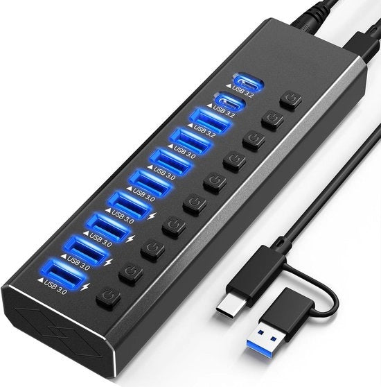 Hub USB 3.2 con alimentazione interna, dotato di 10 porte USB 3.2/USB-C (1 x porta USB-A 3.2 a 10 Gbps + 2 x porte USB-C 3.2 + 7 x porte USB 3.0) - ogni porta con interruttore di accensione e spegnimento indipendente
