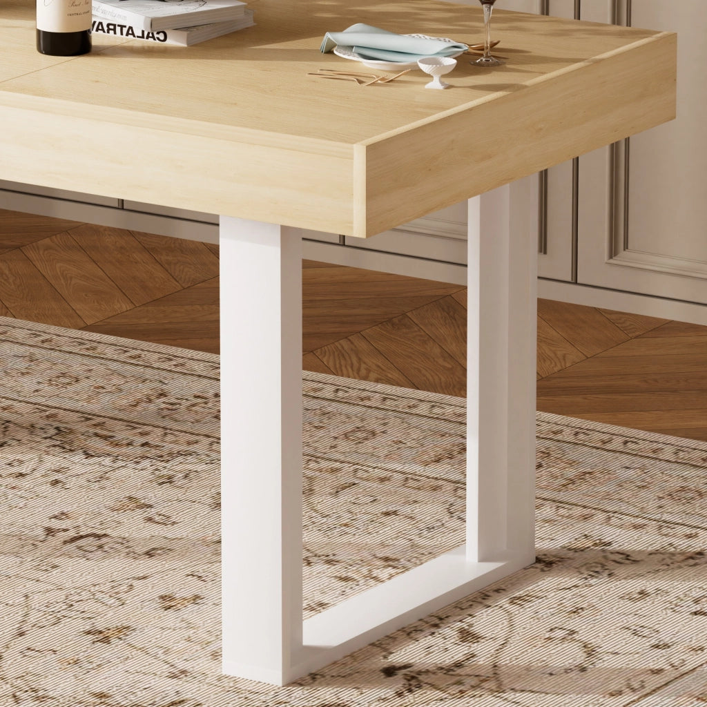 Tavolo allungabile per 8 persone con piano in truciolare, stile retrò, per cucina e sala da pranzo, naturale e bianco