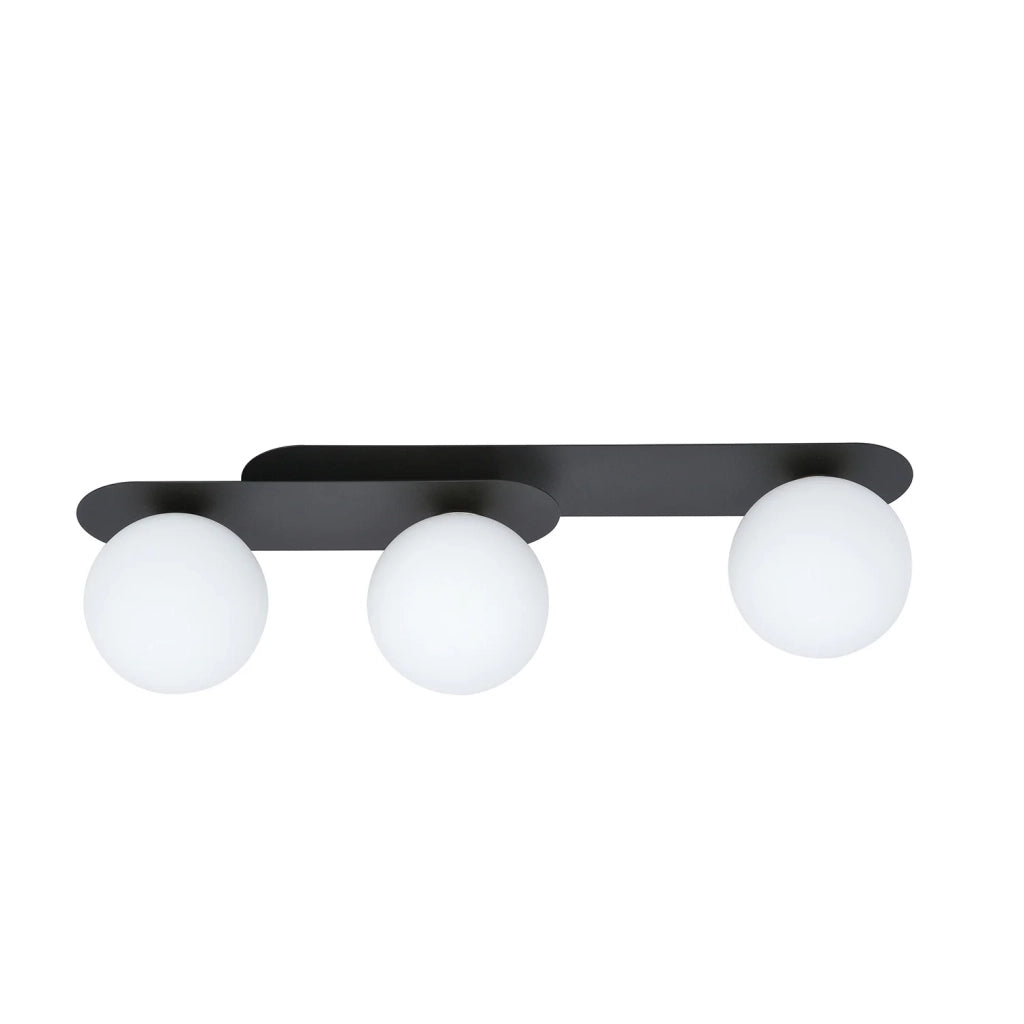 Plafoniera Minimal 3 Luci Teia In Acciaio Nero E Sfere Vetro Opale