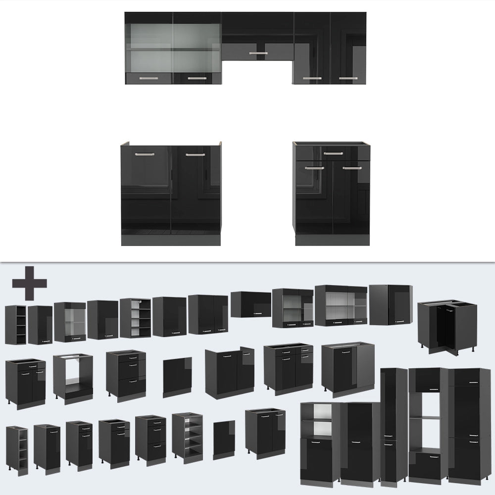 Vicco Cucina componibile Nero lucido/antracite 200 cm , PL Marmo