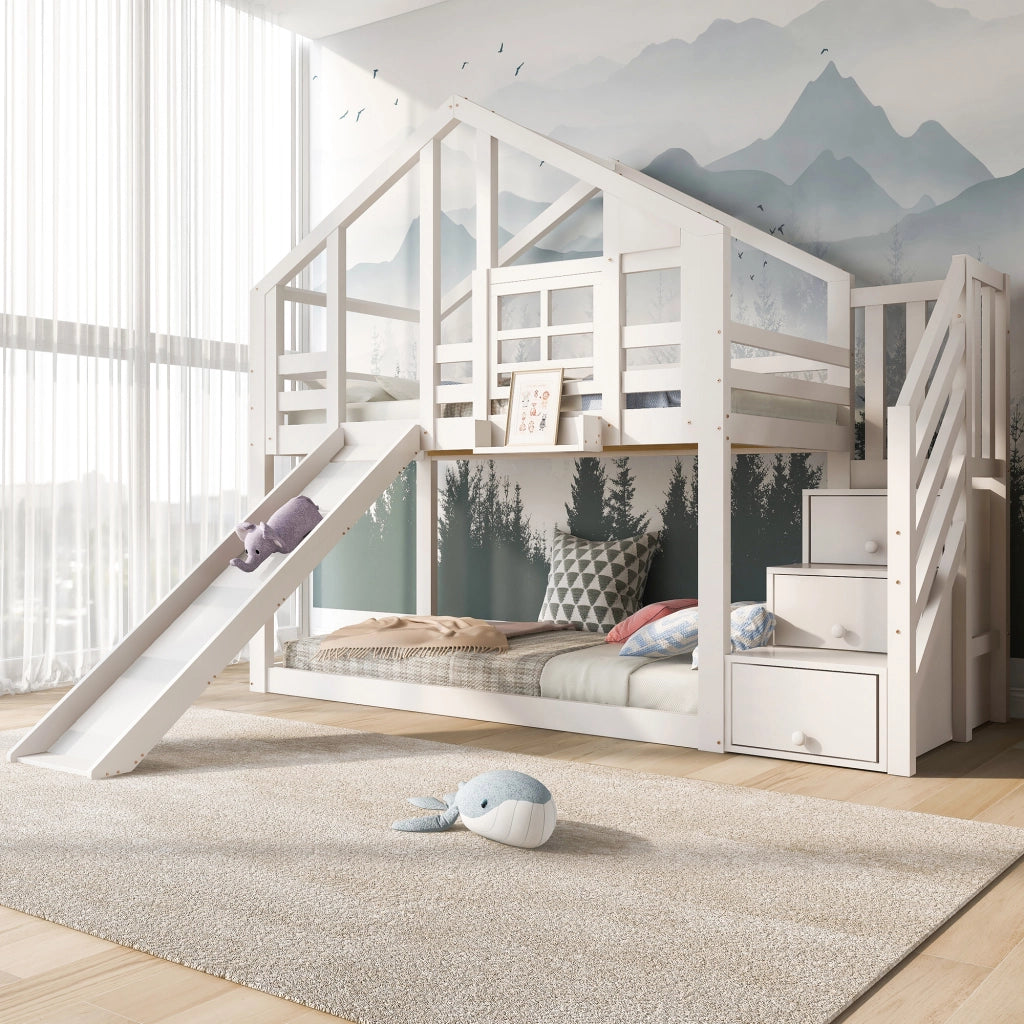 DESMIU Litto a castello bambini 90 × 200 cm con scivolo, vani e barriere, senza materasso, bianco