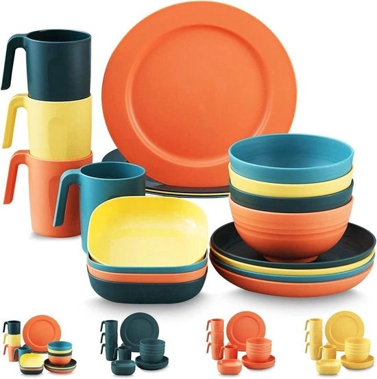 Set da camper da 20 pezzi di servizio per picnic inaccettabile - Piatti, tazze e ciotole in piastre leggere - Microonde e lavastoviglie sicuri - Riciclabile e BPA gratuito - Set di piatti 6 persone in multi colore