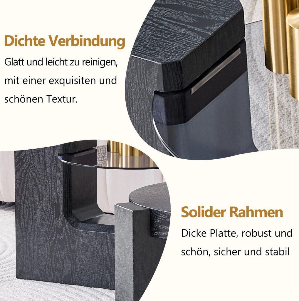 Tavolino da caffè rotondo a due livelli in MDF effetto legno nero e vetro grigio; 61 cm