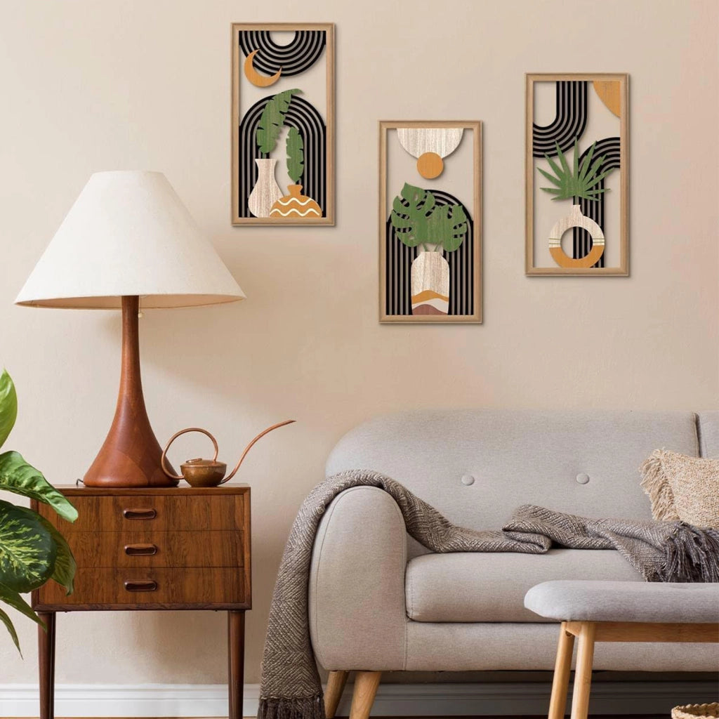 Set di 3 decorazioni da parete in legno boho con foglie