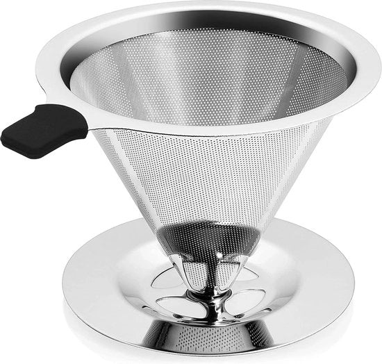 Filtro caffè in acciaio inox riutilizzabile, sostenitore di filtro caffè per tazza permanente, filtro per caffè senza carta, metallico, manuale per 1-4 tazze con set di spazzole per pulizia.