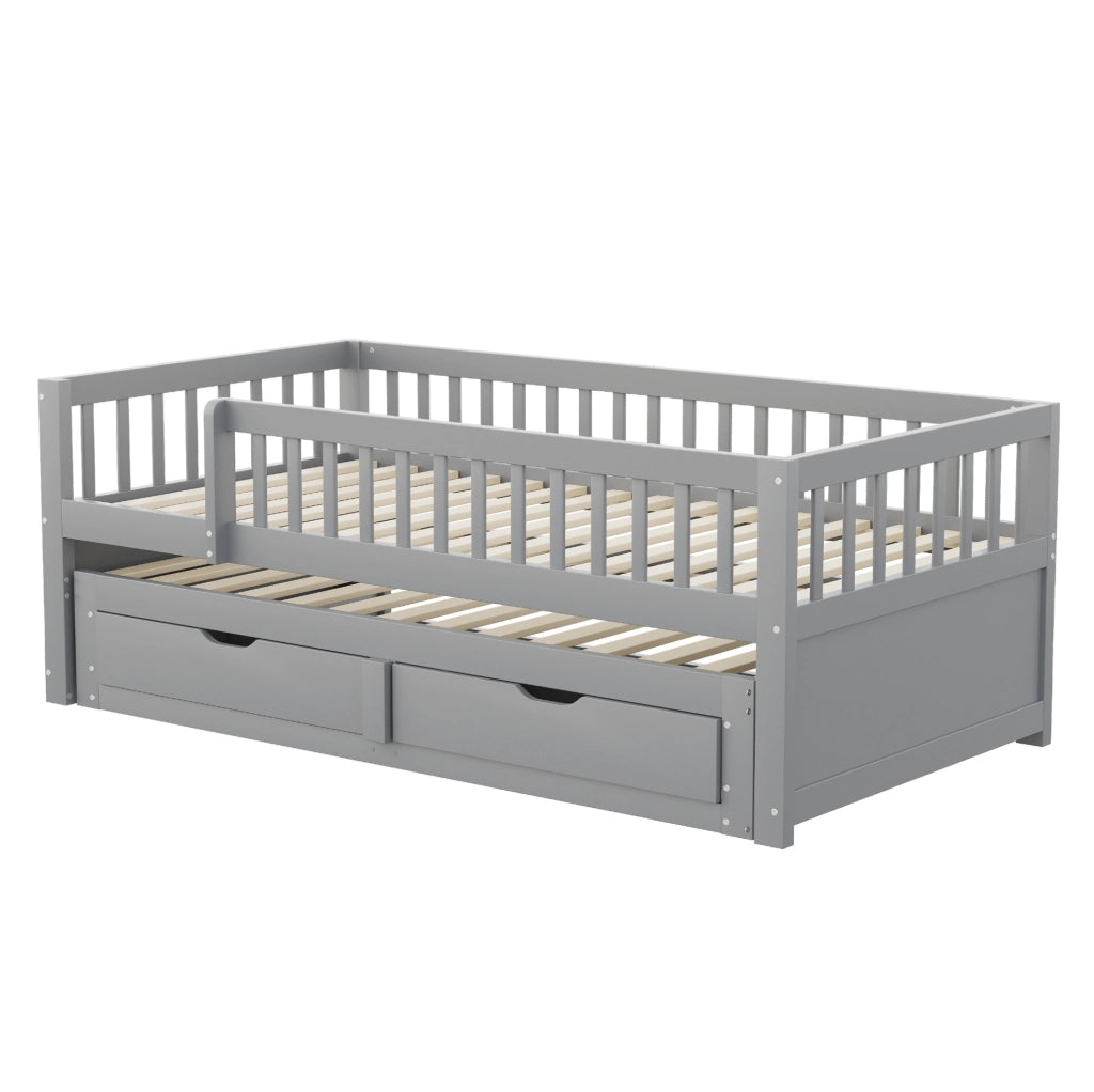 Divano letto 90x200 cm con letto estraibile e 2 cassetti in legno grigio