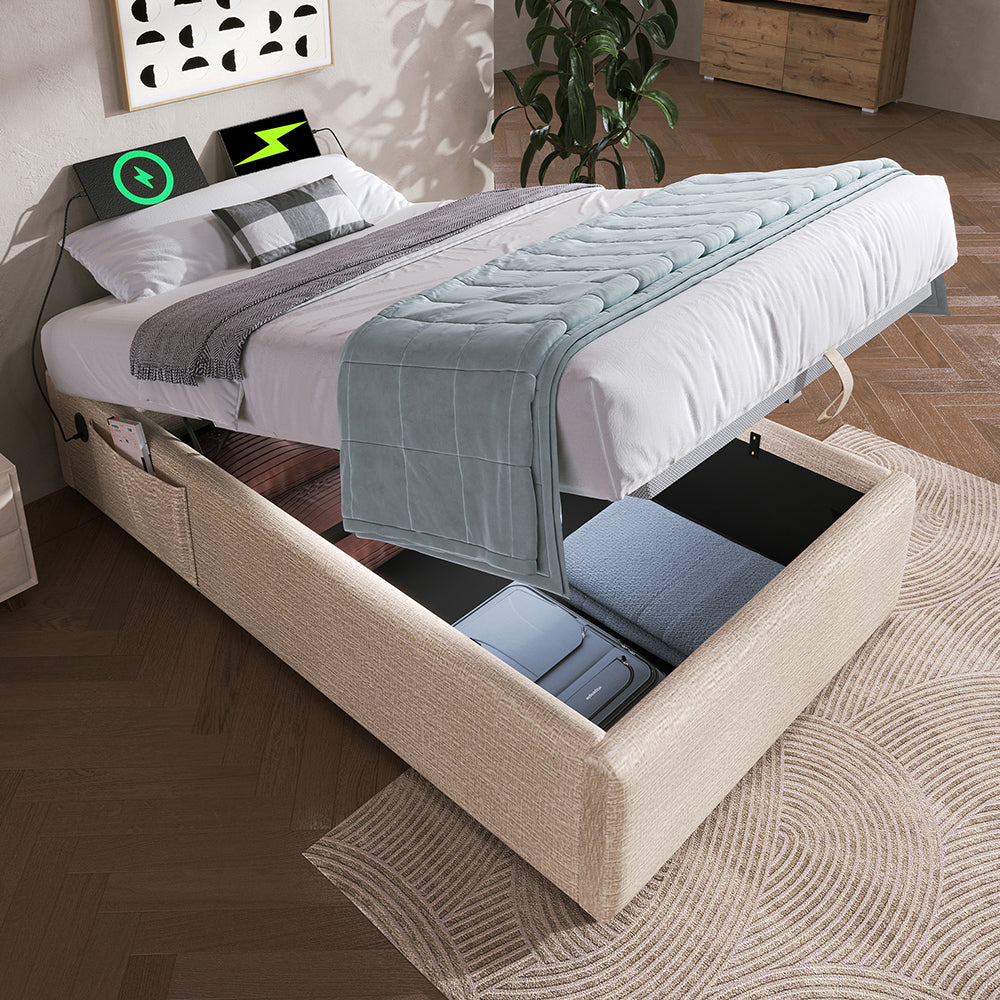Letto bambino-Xylo-90x200 cm-imbottito, libreria, USB-C, idraulico, colore naturale