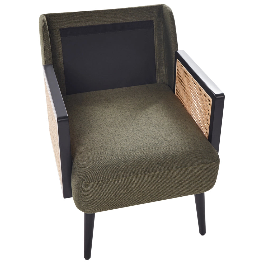 Poltrona verde con telaio nero Struttura in legno poliestere con intreccio in rattan Gambe in legno Tappi per gambe in plastica con cuscino Stile tradizionale Soggiorno Camera da letto