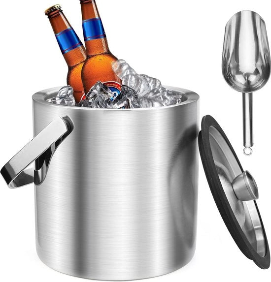 Igloo 2,2L con coperchio ermetico e cucchiaio, contenitore per cubetti di ghiaccio in acciaio inossidabile, contenitore per ghiaccio isolato a doppia parete, ghiaccio raffreddatore, ideale per birra, champagne, vino, bevande, frutta