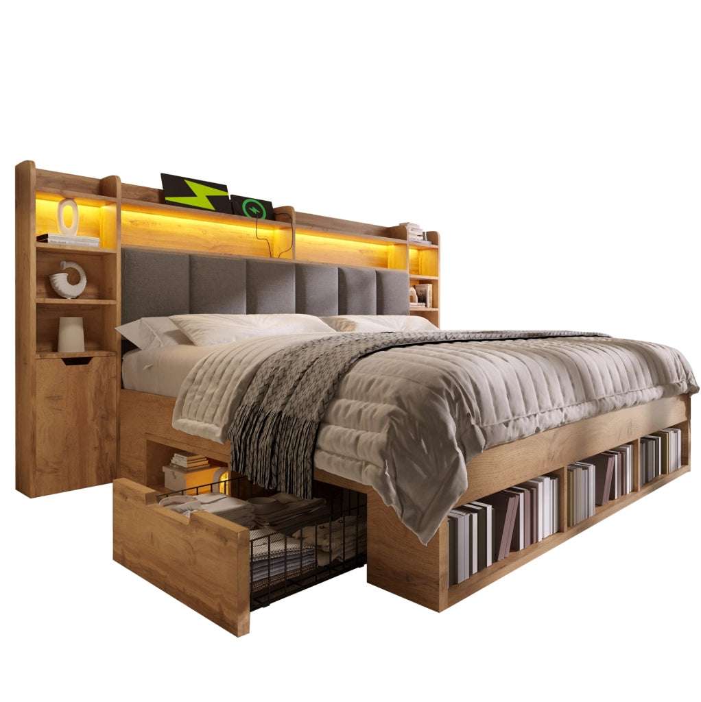 Letto matrimoniale 180x200 cm con LED; USB e USB-C; cassetti e comodini mobili; rovere