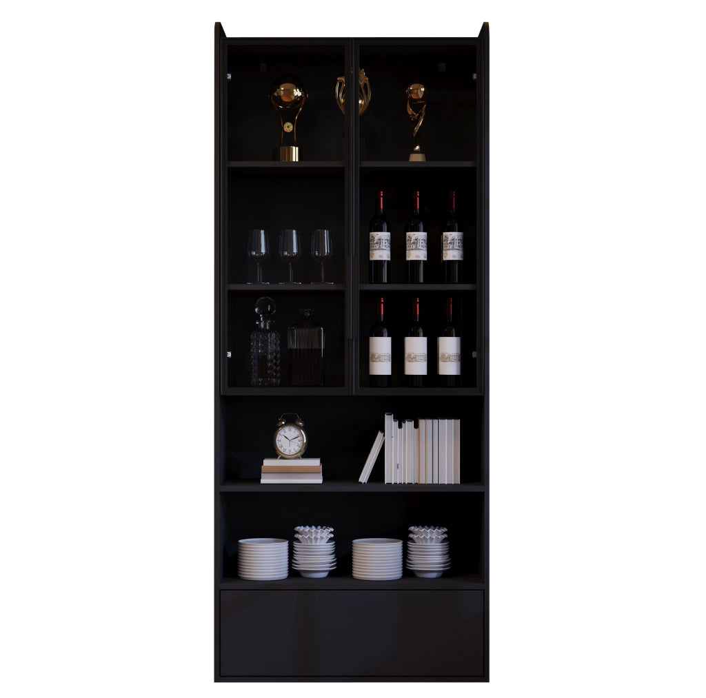 Vetrina alta nera con LED, vetro e cassetto 80x34x180 cm