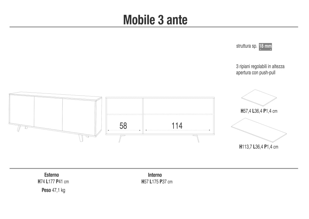 Buffet 3 ante VELBRUK cemento/bianco pietra