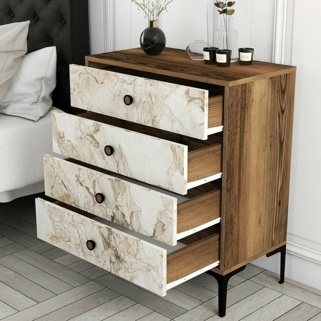 Cassettiera Molly, Settimino multiuso, Comò camera da letto, Mobile con cassetti, 76x40h91 cm, Noce e Bianco Marmo