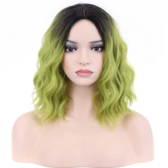Parrucca cosplay 40 cm per donne, fibre termoresistenti, colore misto con partizione centrale, capelli a rose, lunghezza del capello, adatto per festival e feste