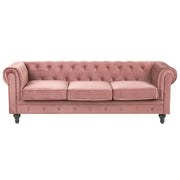Divano Chesterfield Tessuto Velluto Rosa Rivestimento Gambe Nere 3 Posti