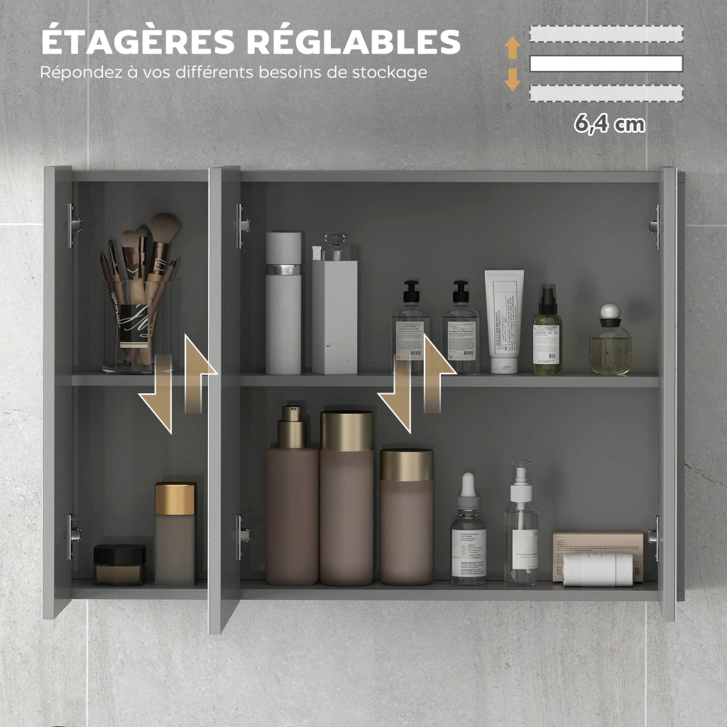 Armadio a muro per bagno con 3 ante specchio e ripiani regolabili ¨C Zephmum ¨C MDF grigio 90x60x15 cm