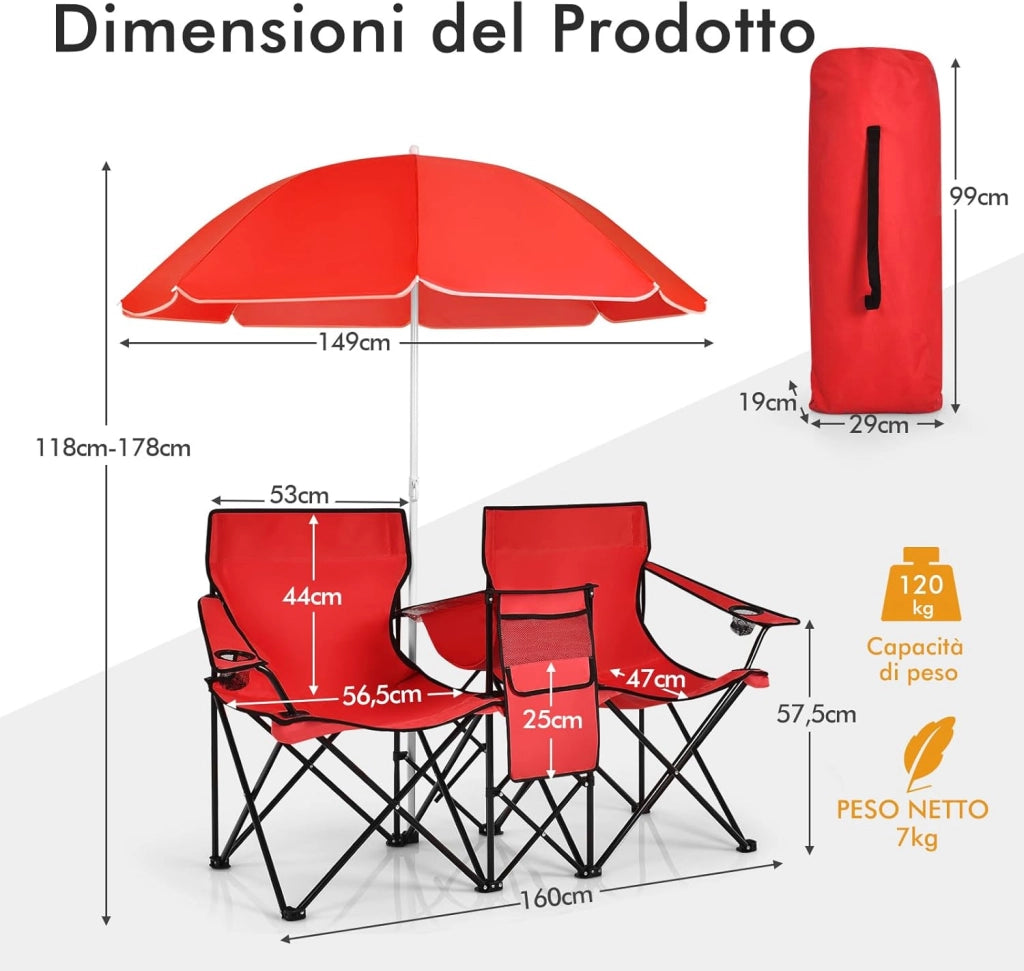 Set di 2 Sedie da Campeggio Pieghevoli, con Ombrellone e Tavolino Contenitore, Resistente e Leggero, Capacità 113 kg (Rosso)