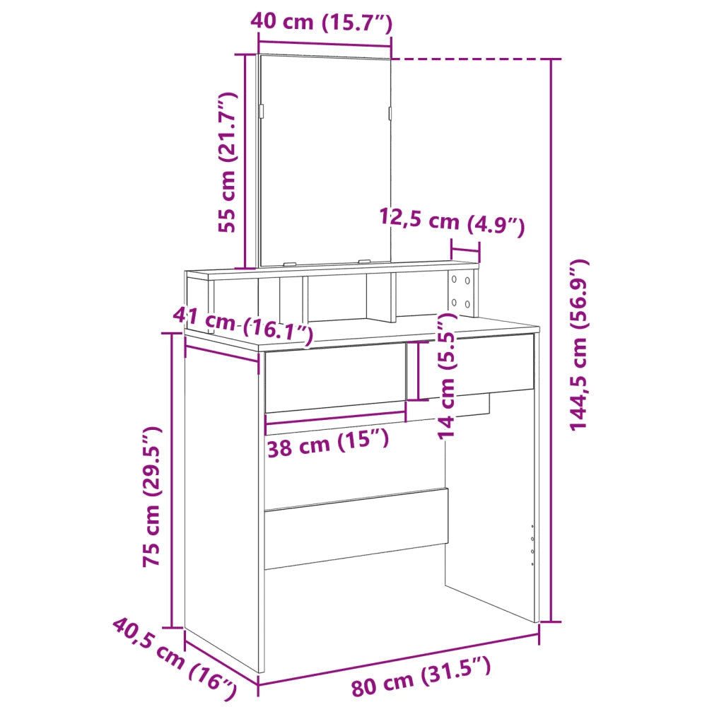 vidaXL Toeletta con Specchio Grigio Sonoma 80x41x144,5 cm