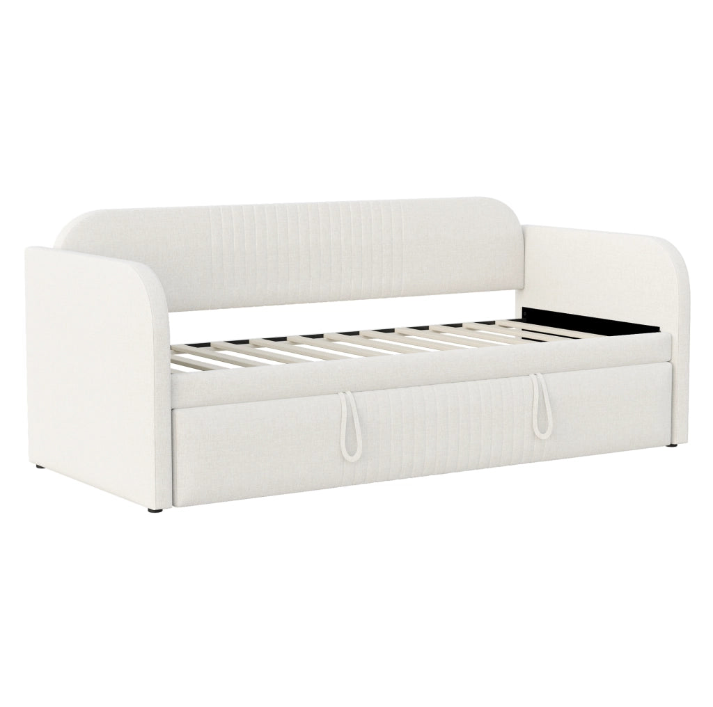 Divano letto imbottito estensibile 90/180 x 190 cm in lino beige; con rete a doghe