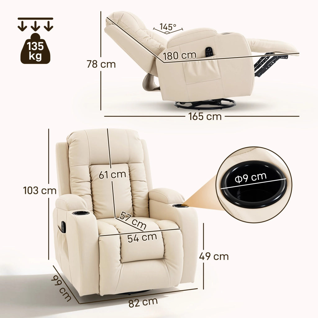 Poltrona relax massaggiante e riscaldante ¨C Xylo ¨C girevole 360¡ã, reclinabile, crema, 82x99x103cm