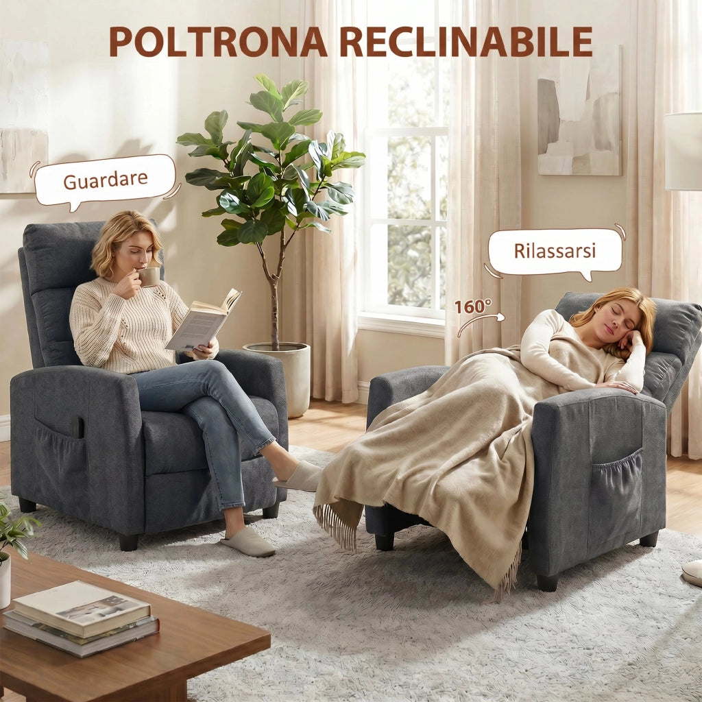 Poltrona Massaggiante  66x91x108 cm Reclinabile a 160° con Poggiapiedi e Telecomando in Ciniglia Grigio Scuro