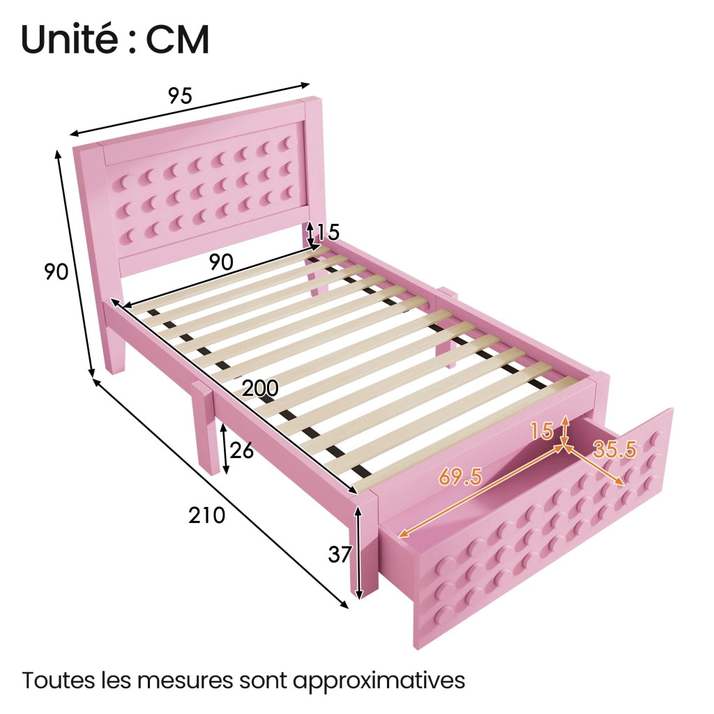 OKWISH Letto Bambini 90×200 cm, Letto Singolo con 1 Cassetto, Spazio contenitore sotto Letto e Bordi Smussati, senza Materasso, Legno, Rosa