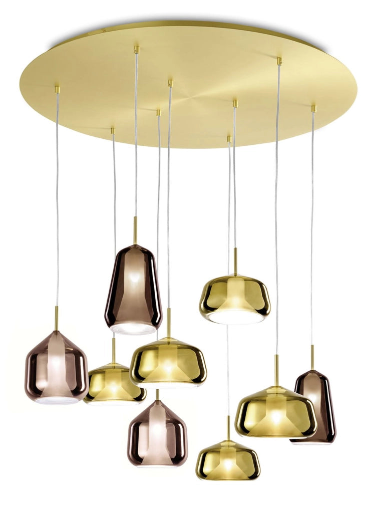 X-RAY SOSPENSIONE RETTANGOLARE 9 LUCI VETRI 2 BRONZO, 2 RAME, 5 ORO  MONTATURA ORO ATTACCO G9