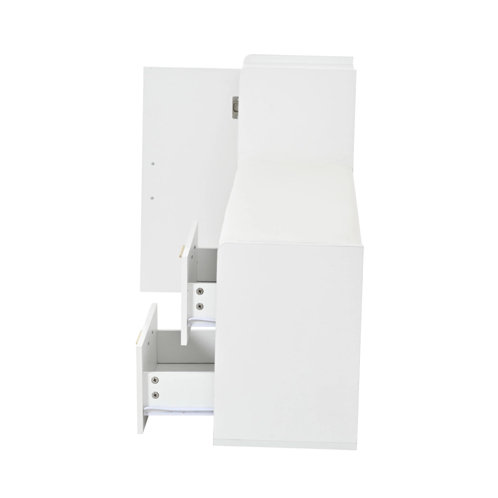 Scarpiera salvaspazio 128x30x68 cm con 2 cassetti; 1 anta e seduta imbottita; bianco lucido