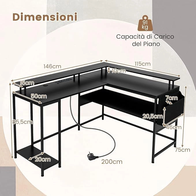 Scrivania da Gaming Angolare, Scrivania per Computer con Luci LED, Prese di Corrente, Supporto per Monitor, Gancio e Ripiani, Postazione di Lavoro ad Angolo