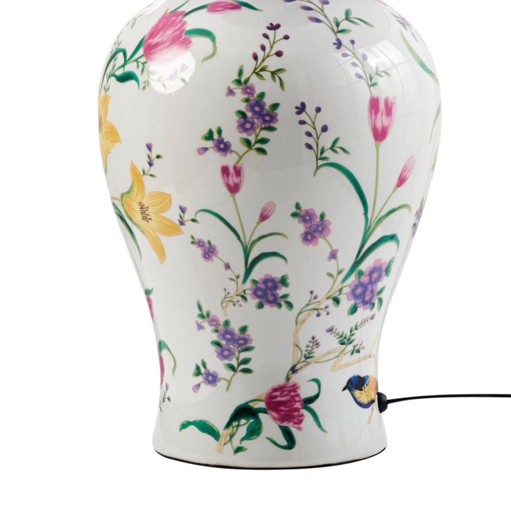 Lampada da tavolo Base in porcellana bianca Paralume a tamburo in lino con patten floreale Illuminazione elegante