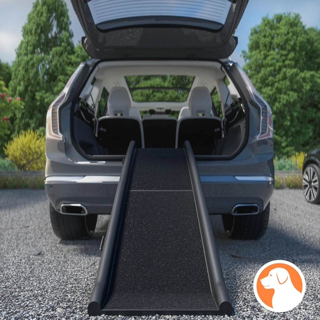 Rampa per Cani Auto Pieghevole Antiscivolo 156x40cm Capacità 90KG con Maniglia di Trasporto Ciotola Catarifrangenti Scivolo Pedana Bagagliaio Rampe
