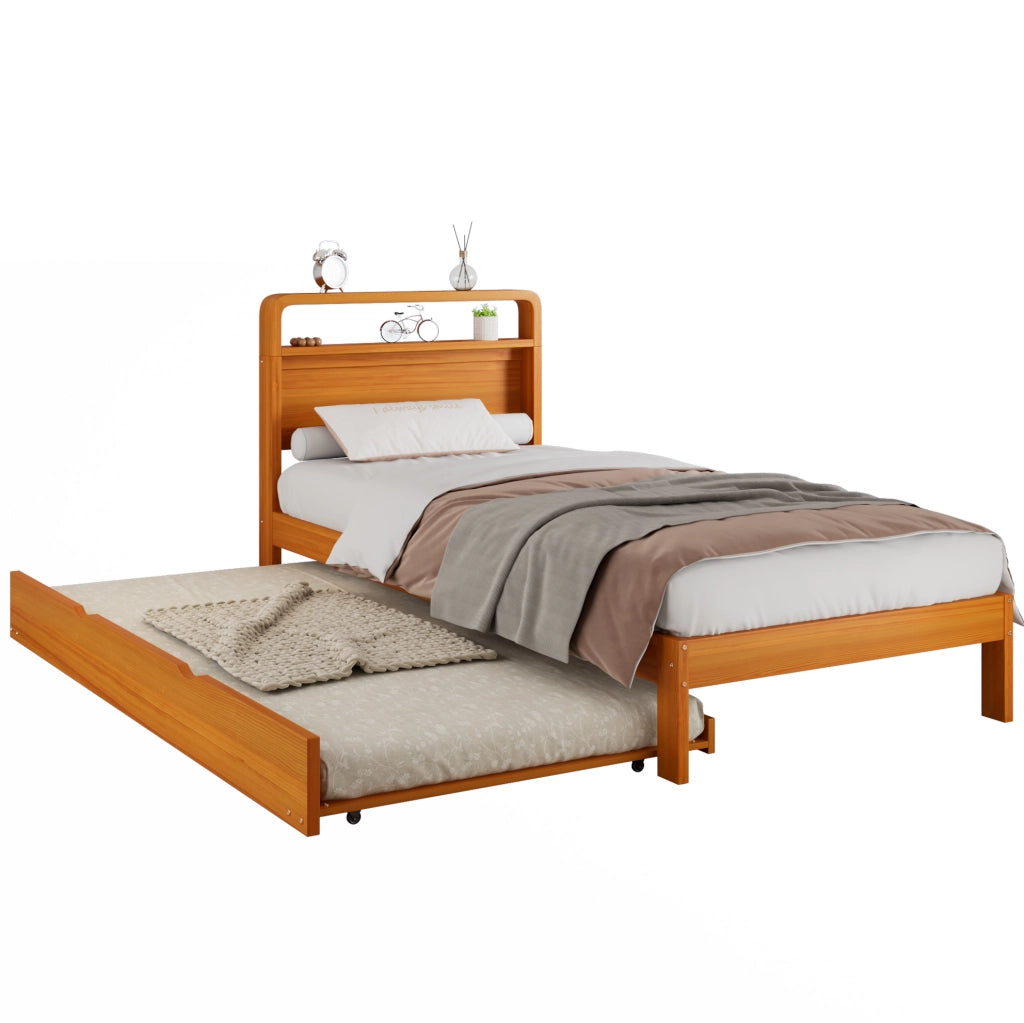 Letto 90x200 cm con letto estraibile 90x190 cm; testiera arrotondata in legno colore naturale