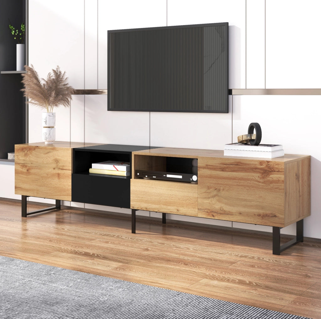 Mobile TV 190x38x48 cm con 2 ante e 2 cassetti; MDF; nero e legno naturale